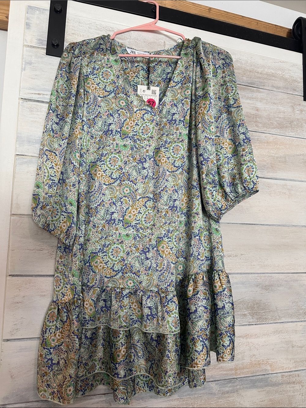 Zara Dress NWT Floral Paisley V-Neck Tiered Dress - Multi Green/Blue